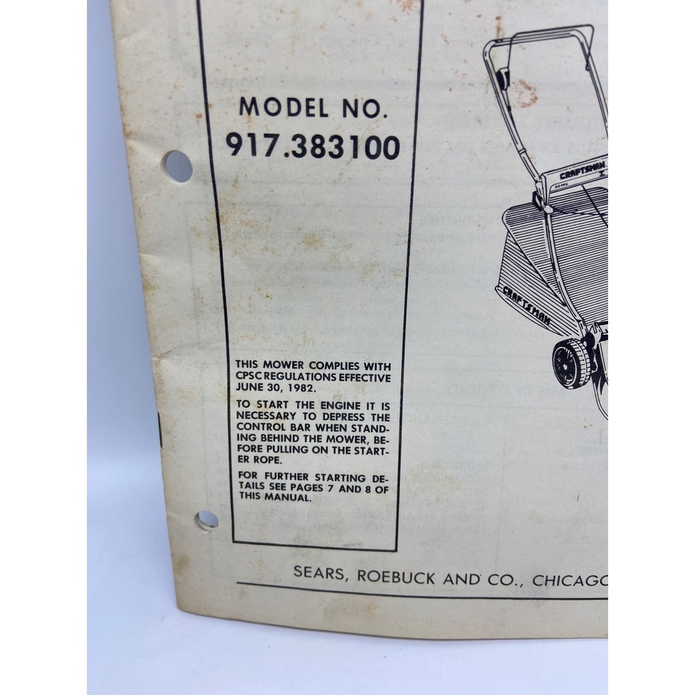 Craftsman Lawn Mower Owners Manual 917383100 Rear Bagger 20 Inch 1984 Vintage - Picture 2 of 9